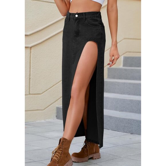 Stylish High Waisted Black Jean Maxi Skirt - Side Slit for Effortless Chic - Picture 3 of 5